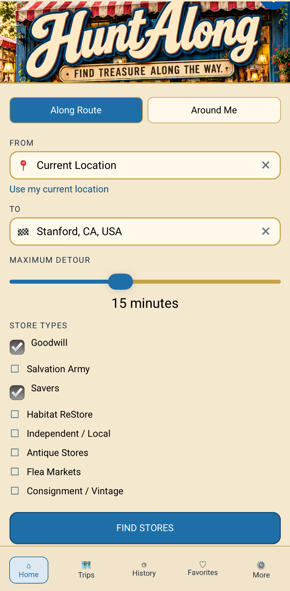 HuntAlong home screen showing route search and store type filters