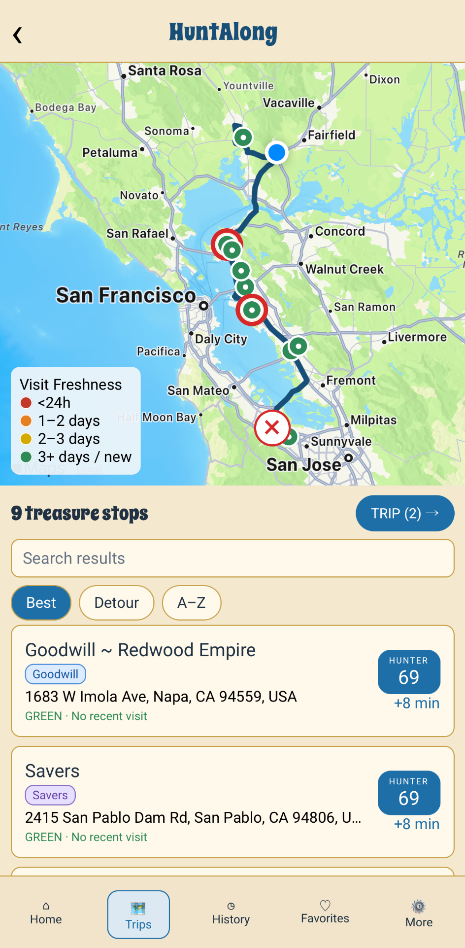HuntAlong route results and treasure stops