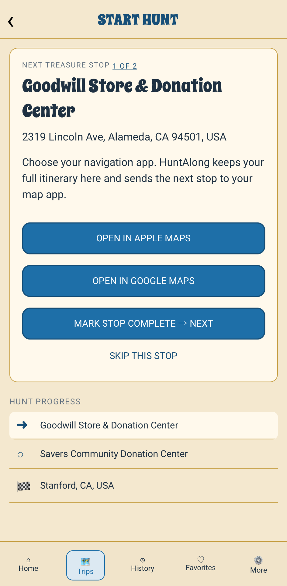 HuntAlong start hunt navigation screen